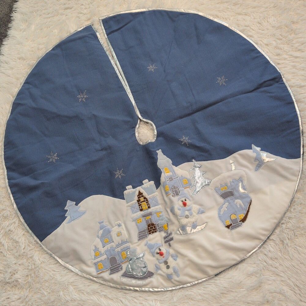 Vintage Snow Buddies The Petting Zoo Christmas Tree Skirt Blue Snowman Village